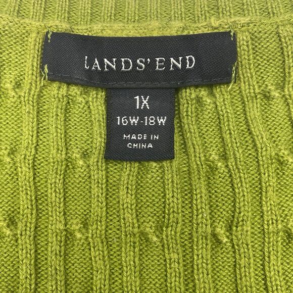 Lands' End Cable Knit Sweater Green V-neck 100% Supima Cotton Women's Size 1X - Picture 2 of 12